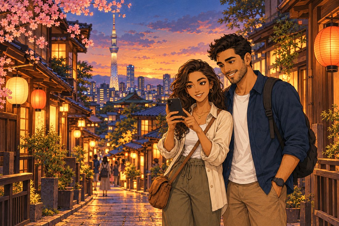 Euro Sims travellers exploring a lantern-lit street in Japan