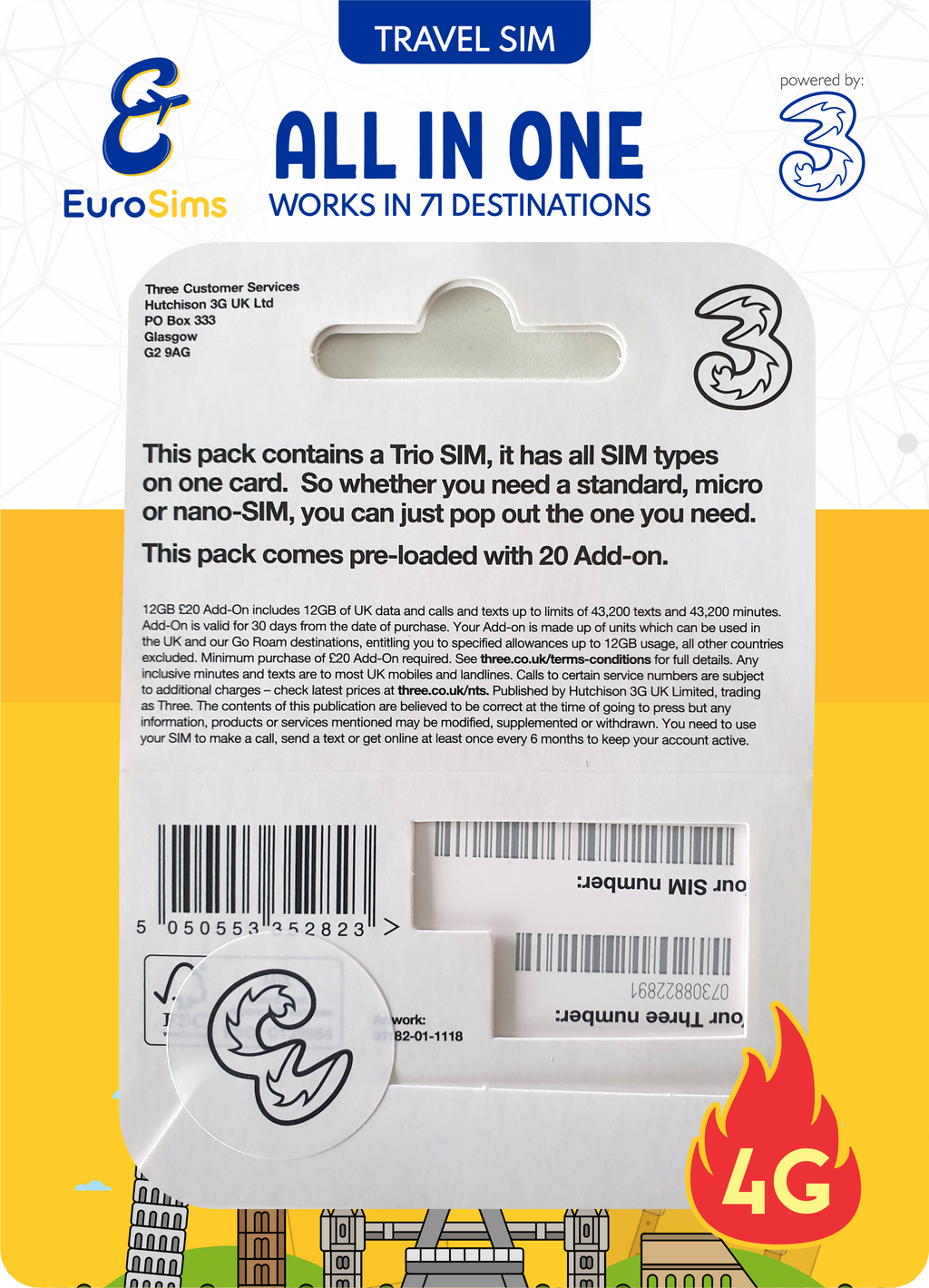 UK & Europe Travel Sim Card ⭐ 50GB in UK & 12GB in EU + Unlimited Calls & Texts ⭐ 30 Days ⭐  Genuine Three UK Service