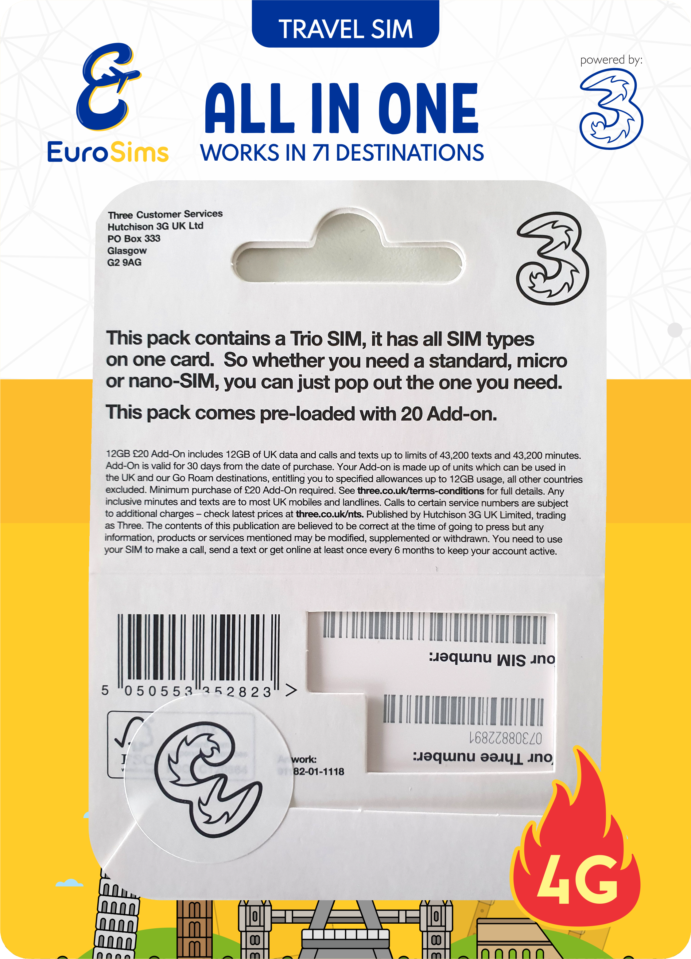 UK & Europe Travel Sim Card ⭐ 50GB in UK & 12GB in EU + Unlimited Calls & Texts ⭐ 30 Days ⭐  Genuine Three UK Service
