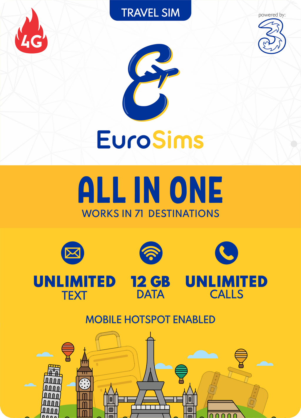 UK & Europe Travel Sim Card ⭐ 50GB in UK & 12GB in EU + Unlimited Calls & Texts ⭐ 30 Days ⭐  Genuine Three UK Service