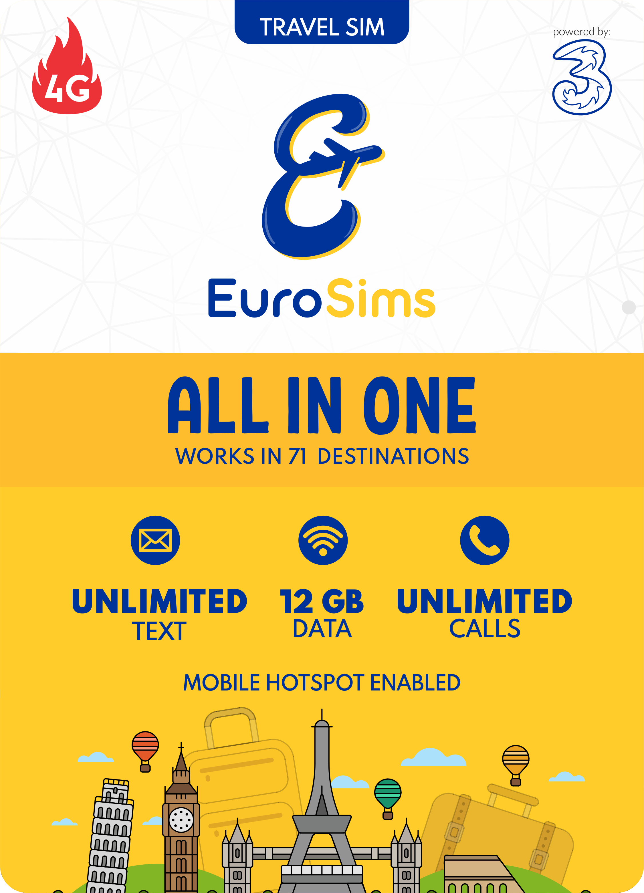 UK & Europe Travel Sim Card ⭐ 50GB in UK & 12GB in EU + Unlimited Calls & Texts ⭐ 30 Days ⭐  Genuine Three UK Service