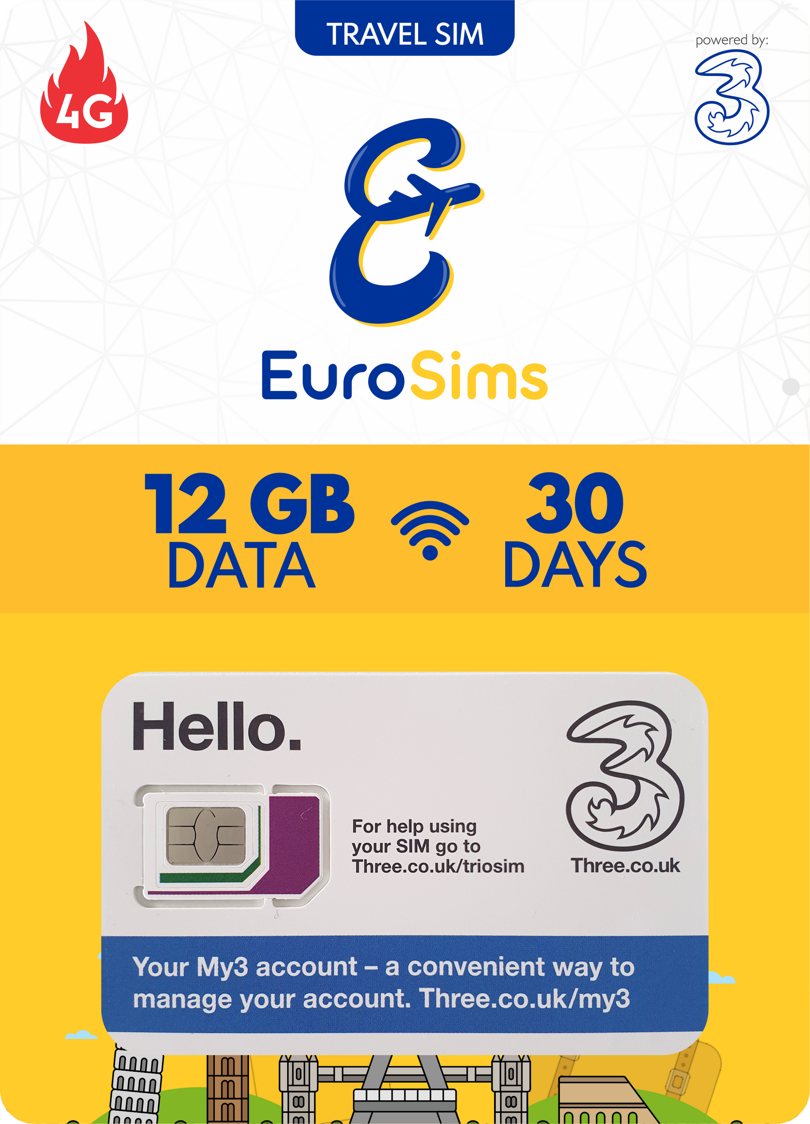 UK & Europe Travel Sim Card ⭐ 50GB in UK & 12GB in EU + Unlimited Calls & Texts ⭐ 30 Days ⭐  Genuine Three UK Service