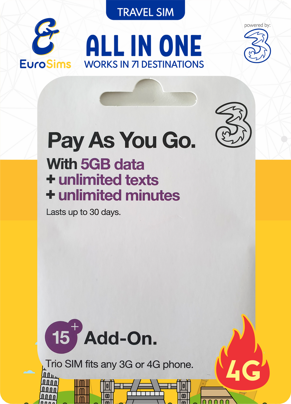 UK + Europe Travel SIM Card  | 120GB Up to Unlimited Data | Three UK
