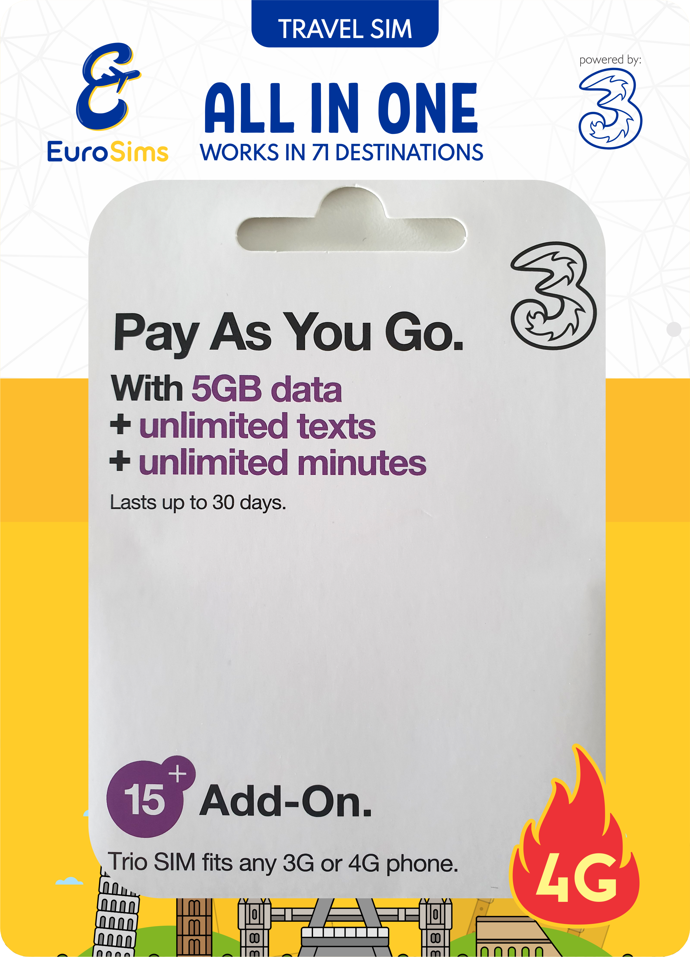 UK + Europe Travel SIM Card  | 120GB Up to Unlimited Data | Three UK