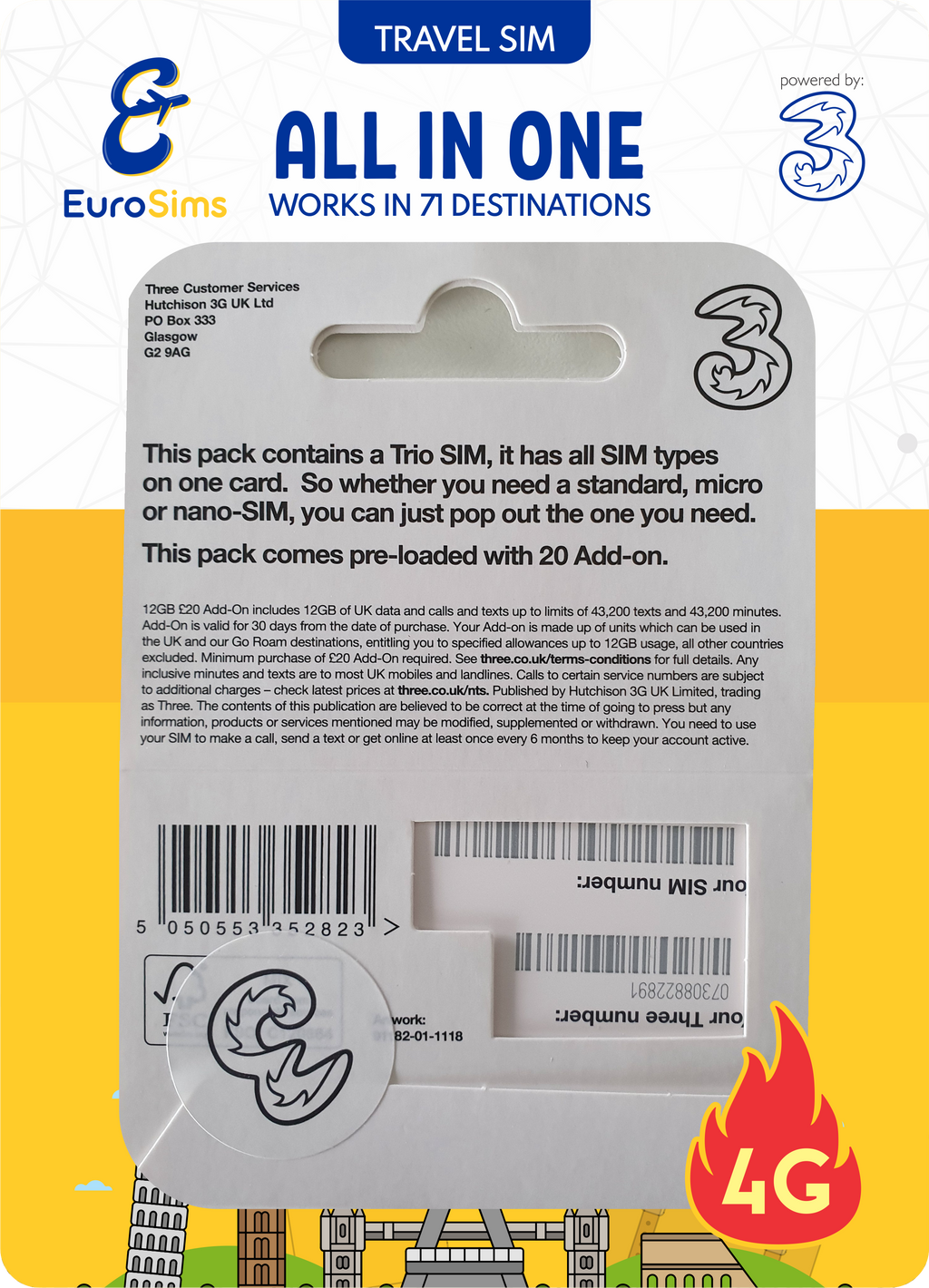UK + Europe Travel SIM Card  | 120GB Up to Unlimited Data | Three UK