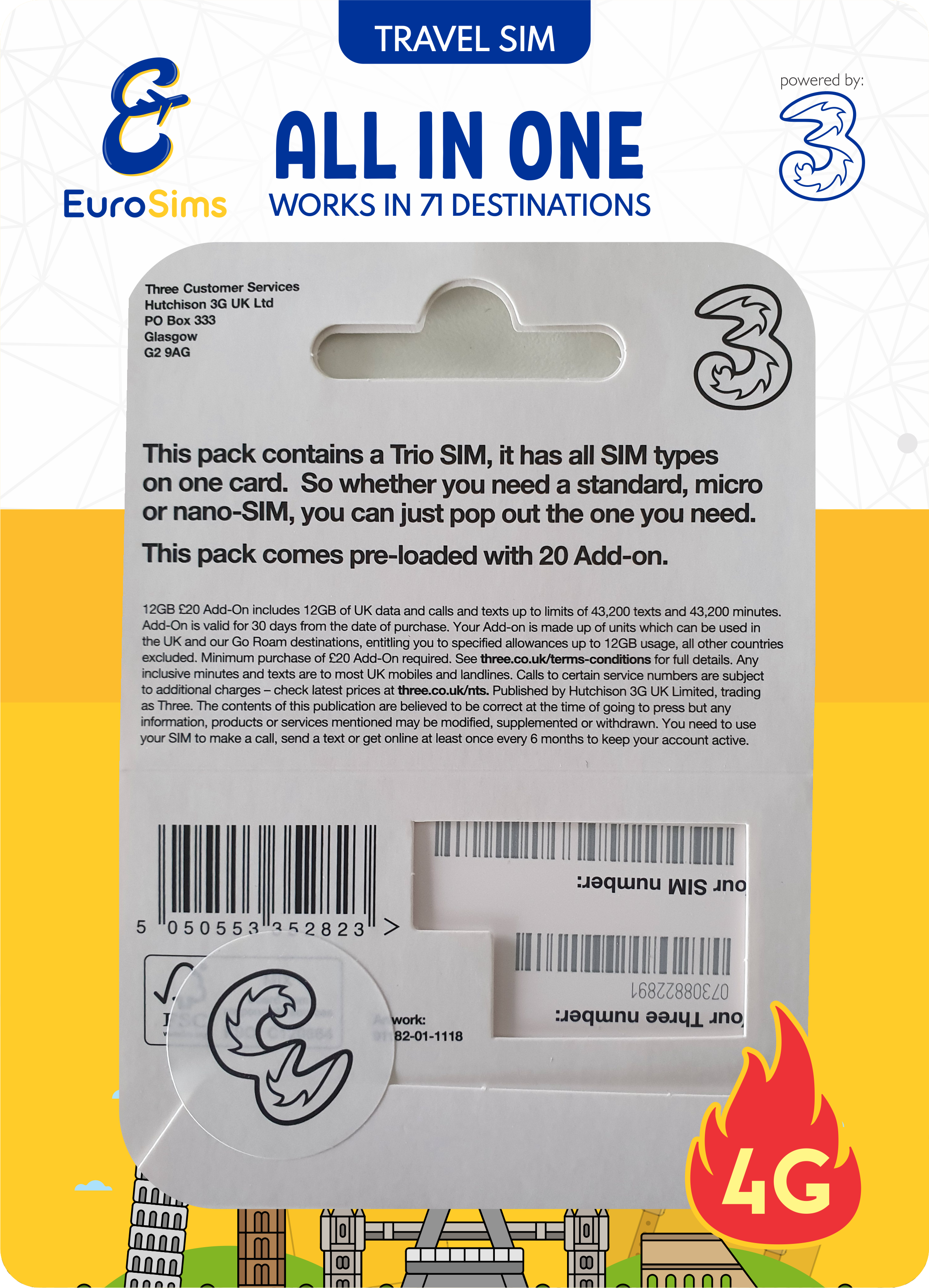 UK + Europe Travel SIM Card  | 120GB Up to Unlimited Data | Three UK
