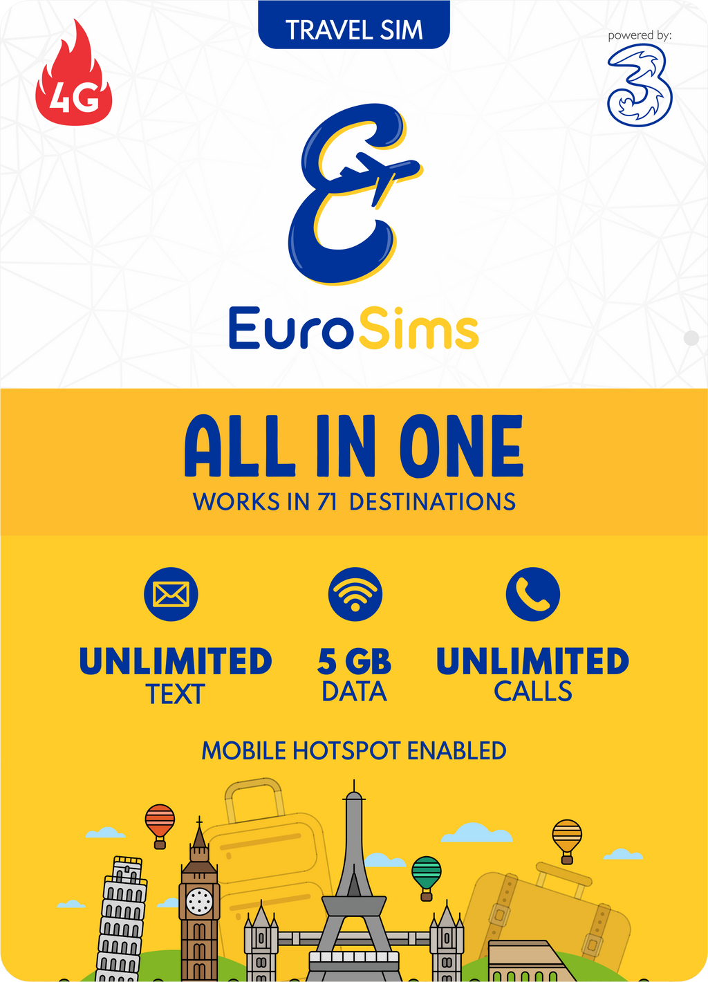 UK + Europe Travel SIM Card  | 120GB Up to Unlimited Data | Three UK