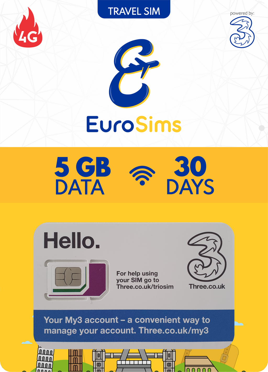 UK + Europe Travel SIM Card  | 120GB Up to Unlimited Data | Three UK