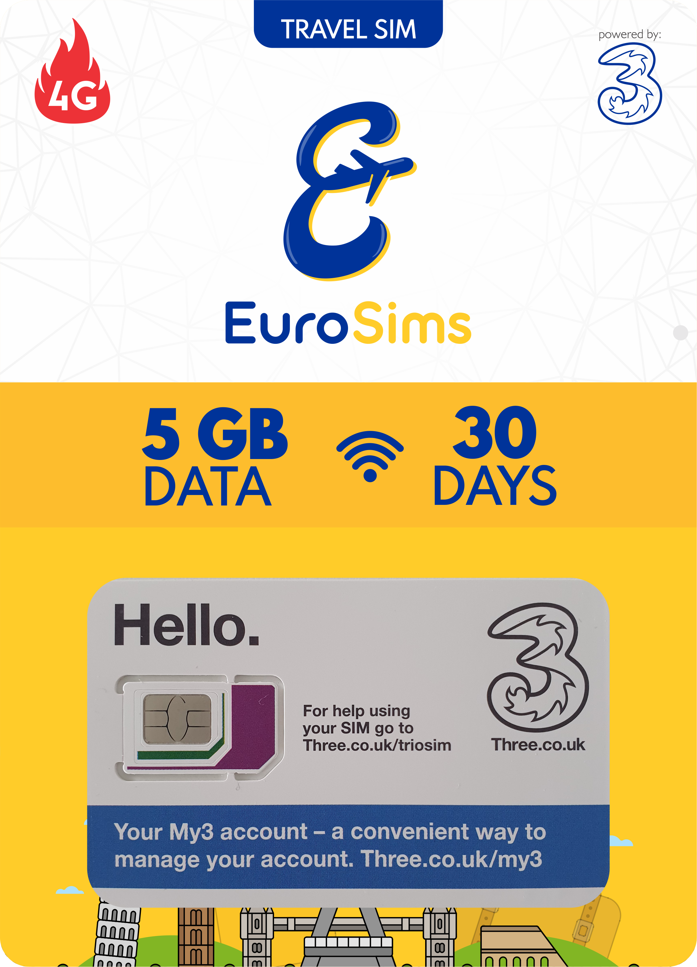 UK + Europe Travel SIM Card  | 120GB Up to Unlimited Data | Three UK