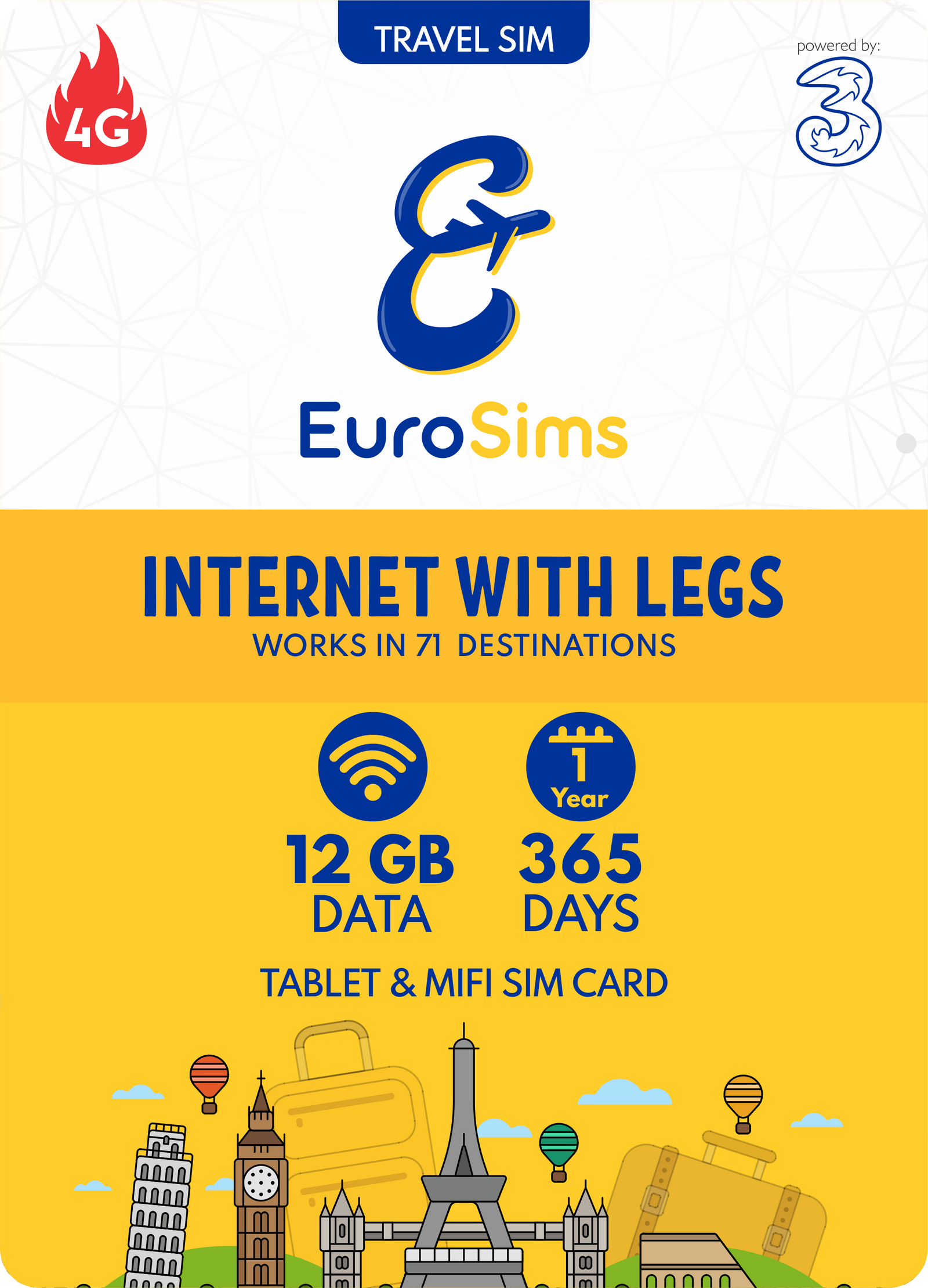 Europe & More MiFi + Tablet SIM Card | 12GB Data Only | 365 Days |