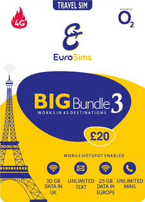 UK & Europe 4G Travel Sim Card | 30GB Data | Unlimited Calls & Texts | O2 Big Bundle 3