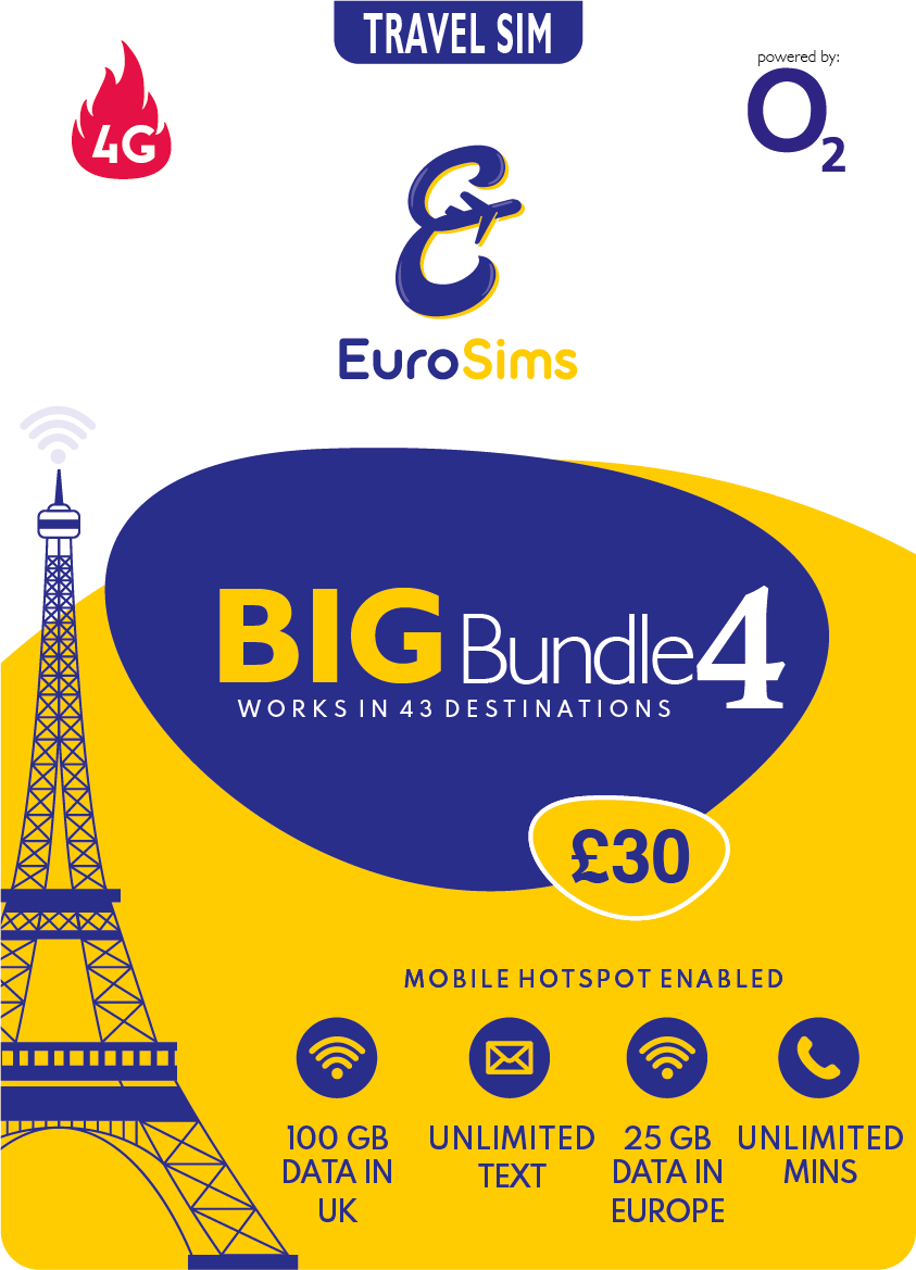 UK & Europe 4G Travel Sim Card | 100GB Unlimited Calls & Texts | O2 Big Bundle 4