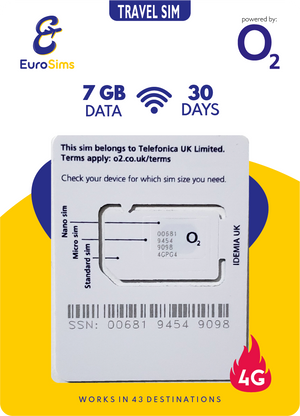 UK & Europe 4G Travel Sim Card | 7GB Data | Unlimited Calls & Texts | O2 Big Bundle 1