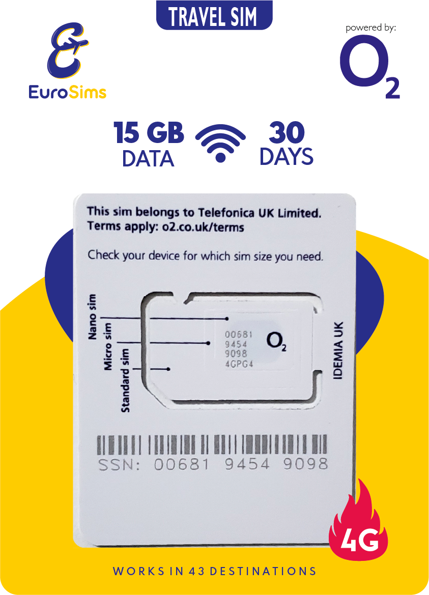 UK & Europe 4G Travel Sim Card | 15GB Data | Unlimited Calls & Texts | O2 Big Bundle 2