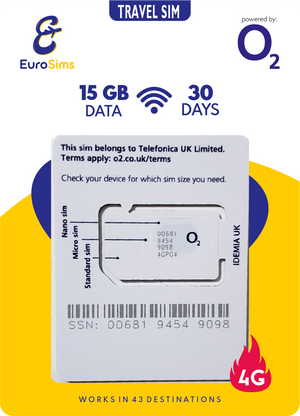 UK & Europe 4G Travel Sim Card | 15GB Data | Unlimited Calls & Texts | O2 Big Bundle 2