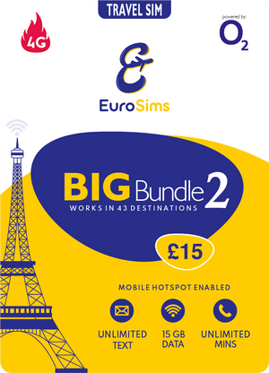 UK & Europe 4G Travel Sim Card | 15GB Data | Unlimited Calls & Texts | O2 Big Bundle 2