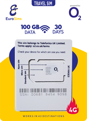 UK & Europe 4G Travel Sim Card | 100GB Unlimited Calls & Texts | O2 Big Bundle 4